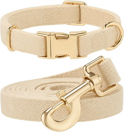 Herringbone Tweed Dog Collar and Leash Set for Small Dogs, Light Beige | Snag-free, no-rub design. Soft breathable cotton, gentle on fur. Adjustable durable matching combo for walks & outdoors.
