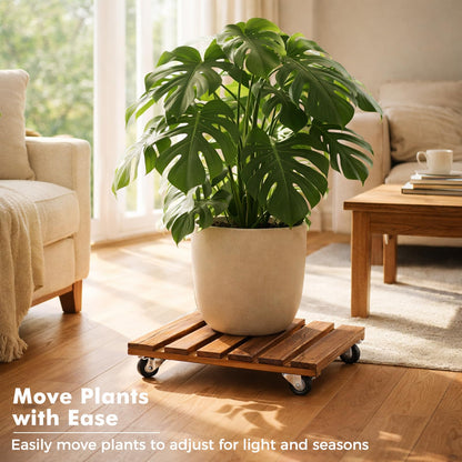 13.5 Inch Plant Caddy with Wheels, 4 Pack Rolling Plant Stand Rollers with Casters Wooden Plant Dolly with Wheels Heavy Duty Rolling Planter Base for Indoor & Outdoor Plants Square Wood Flower Stand