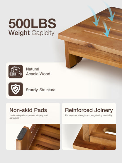 TINAMO 5” Wood Step Stool, Acacia Wooden Stools (No Assembly Required)- 500 LBS Capacity Small Step Stool, Bed Steps for High Beds for Adults - Small Wooden Stool for Handicap, Elderly, Seniors, Home