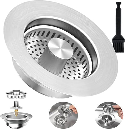 3-in-1 Kitchen Sink Drain Strainer Stopper, Upgraded Stainless Steel Sink Plug
