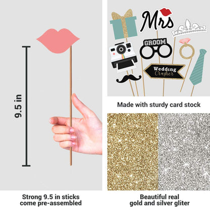 Fully Assembled Wedding Photo Booth Props - Set of 40 - Gold, Pink, Teal, & Silver Selfie Signs - Wedding Party Supplies & Decorations - Cute Designs with Real Glitter - Did We Mention No DIY