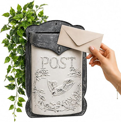 Vintage Farmhouse Decorative Post Box – Rustic Wall Mounted Mailbox Decor for Home, Porch & Garden, Hanging Floral Display Holder, Country Style Metal Wall Accent (White Bird Design)