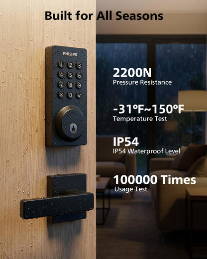 Philips WiFi Smart Door Lock with Handle, Built-in WiFi App Remote Control, Keyless Entry Door Locks for Front Door, Smart Deadbolt Auto Lock, Support Alexa & Google, IP54 Waterproof, Matte Black