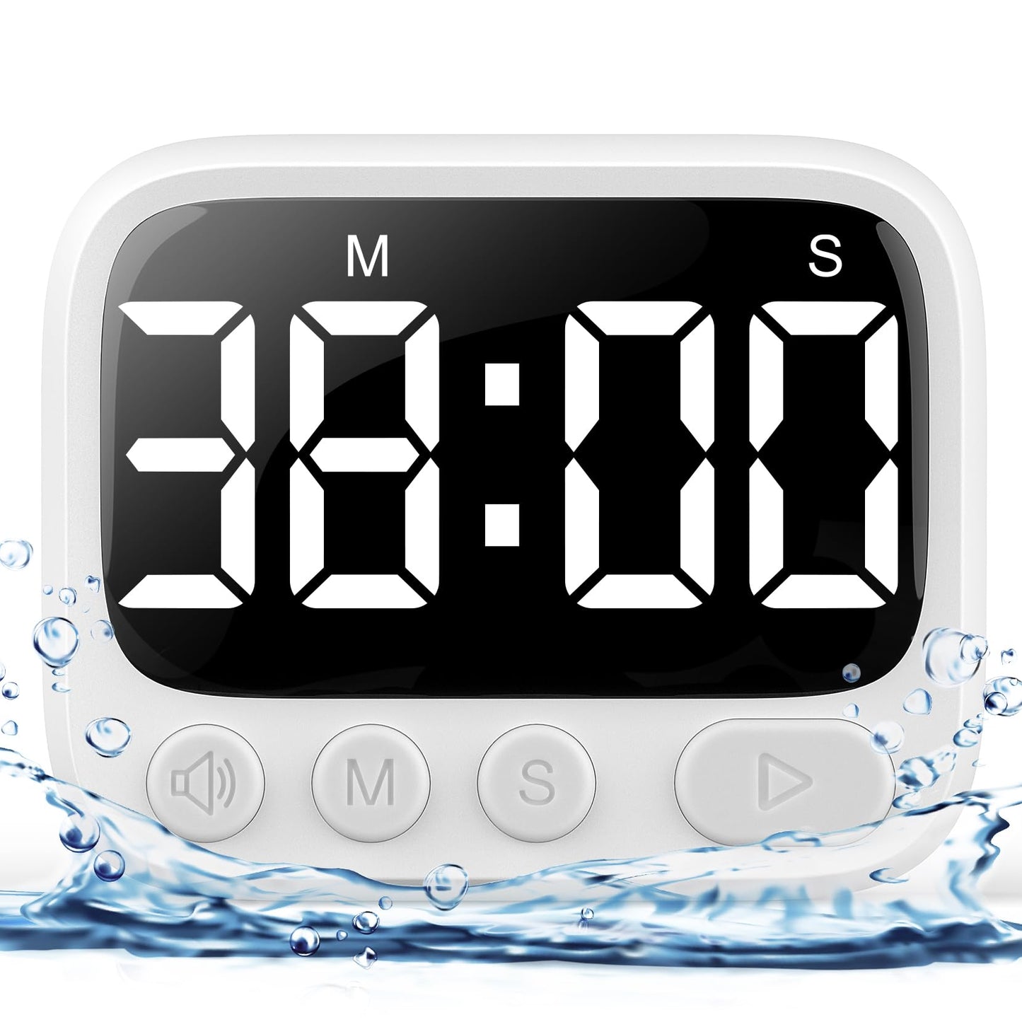 HAUKINIX Shower Timer Waterproof Bathroom Toilet Timer Digital Kitchen for Wall Mount, Study w/Foldable Stand, Countdown Stopwatch w/Suction Cup for Swim, Rechargeable, White