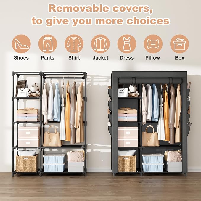 Portable Closets for Hanging Clothes, Wardrobe Closet with Hanging Rod and Clothing Storage Shelves, 8 Side Pockets, Free Standing Clothes Rack with Cover, for Bedroom and Dorm, Black