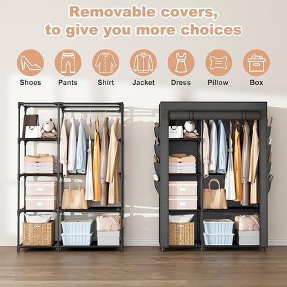 Portable Closets for Hanging Clothes, Wardrobe Closet with Hanging Rod and Clothing Storage Shelves, 8 Side Pockets, Free Standing Clothes Rack with Cover, for Bedroom and Dorm, Black
