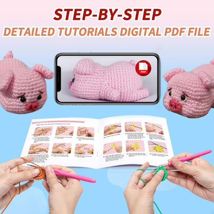 JXINLODGEG Crochet Kit for Beginners, Crochet Animal Kits for Starters with Step-by-Step PDF File Tutorials, Crocheting Kit for Adults DIY Art Craft Knitting Starter with Hooks Pig