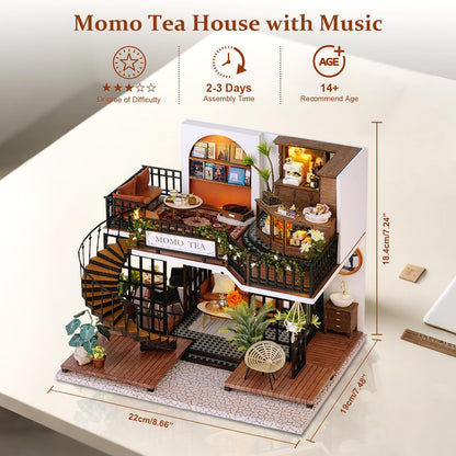Hallisun DIY Miniature House Building Kits, Romantik Villa and Momo Tea House 3D Wooden Dollhouse Toys, Birthday Festival Gift for Teens Adults with Dustproof Covers