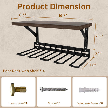 Decoroca Wall Mount Boot Rack, Garden Tool Organizer With 5 Curved Hooks & Wood Shelf, Heavy Duty Wader Boot Hangers Organizer Rack Trays for Outdoor/Indoor, Garden, Garage (4 Pack)