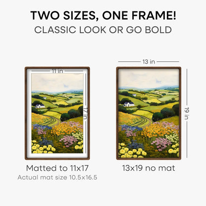 Homeforia 13 by 19 Picture Frame Brown Wood, Mortise & Tenon Walnut 13x19 Poster Frames with Mat 11x17 for Wall, 19x13 Dark Wooden Frames Matted to 11 x 17 inch Art, Tempered Glass, Wall Kit, Set of 1