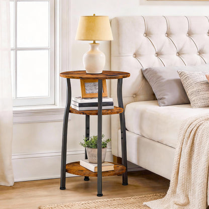 HOOBRO Narrow End Table with Storage, 3-Tier Small Oval Side Table, Slim Bedside Table for Small Spaces, Corner Sofa Table for Living Room, Bedroom, Rustic Brown and Black BF258BZ01