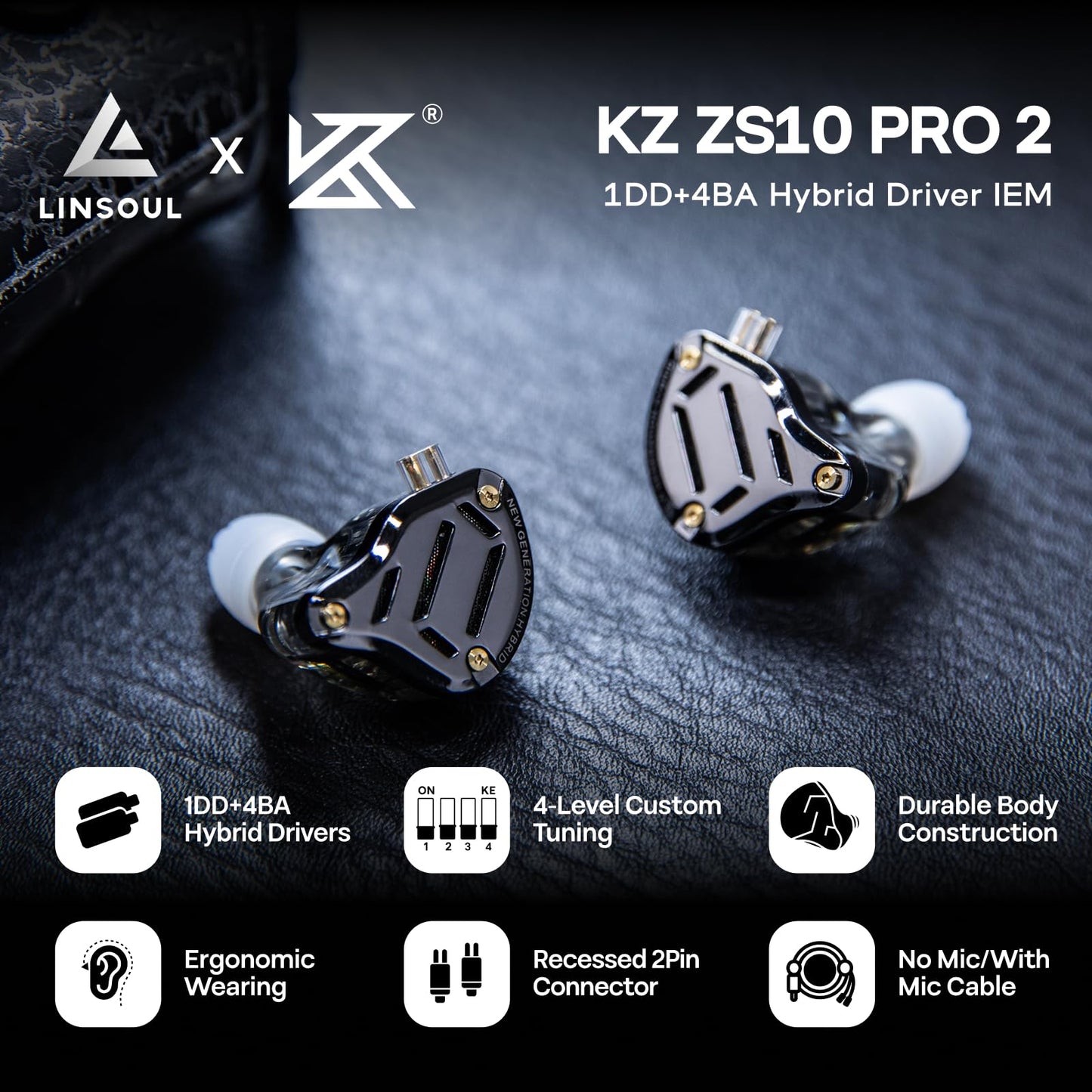 Linsoul KZ ZS10 PRO 2 In Ear Monitor IEM, 1DD+4BA Hybrid Wired Earbuds, with 4-Level Tuning Switch, 3-Way Crossover Gaming Earbuds, Silver-plated IEM Cable for Musician Audiophile (Black, Without Mic)