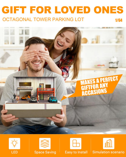 1/64 Scale Diecast Display Case, Wooden American Style Toy Car Garage Model with LED Light, 4-Parking Spaces Diorama Showcase for Hot Wheels and Matchbox Cars Storage