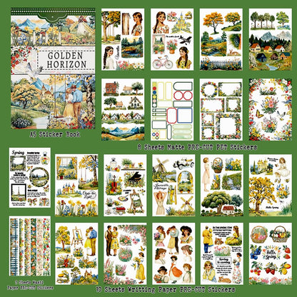 Dwpetzo Scrapbook Sticker Book for Scrapbooking, Golden Horizon Theme, 20 Sheets A5 Pre-Cut Washi Paper PET Stickers for Journaling, Junk Journal Supplies, Bujo, Collage, Crafts Arts
