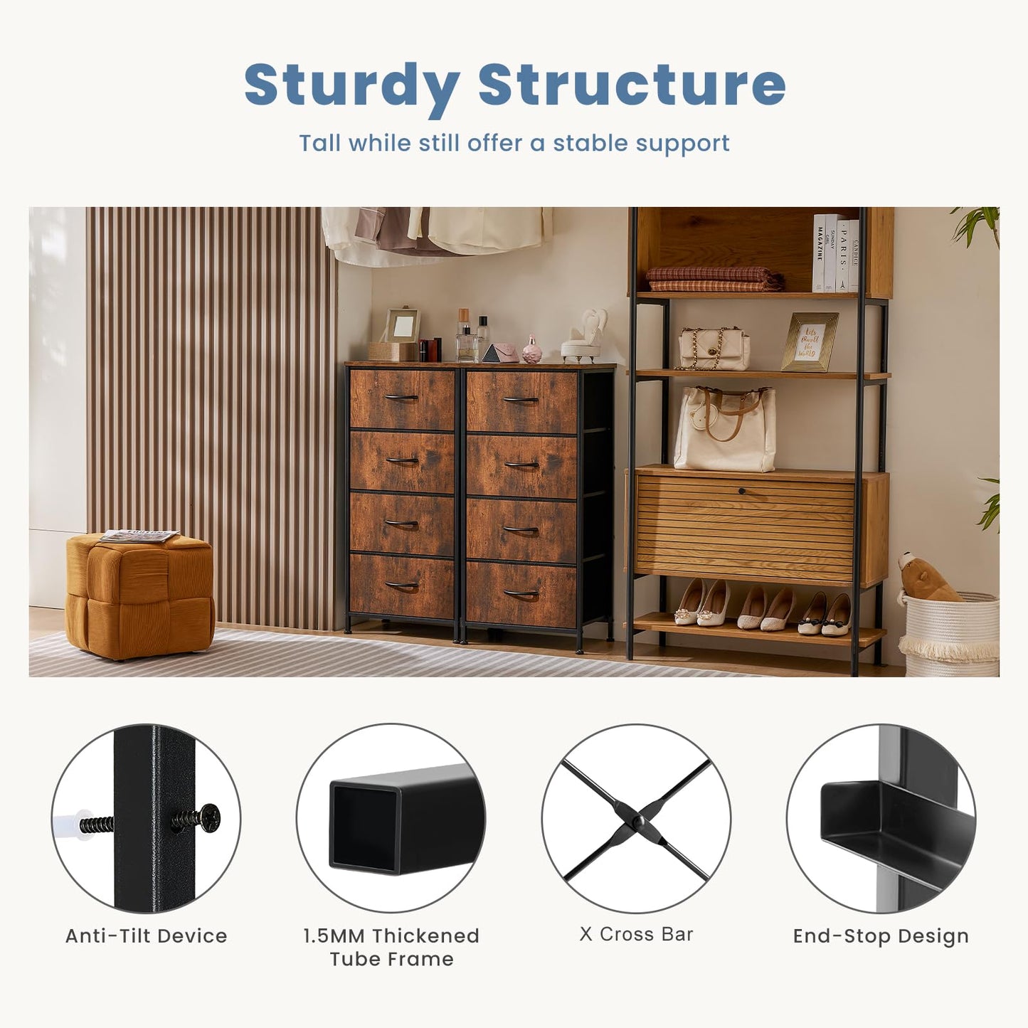 DUMOS Nightstand with 4 Drawers, Fabric Dresser Bedside Table with Removable Bins, Sturdy Steel Frame Wood Top Organizer Furniture for Bedroom Dorm Closet Living Room