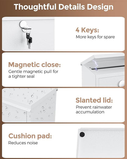 LAND·VOI Locking Wall-Mount Mailbox for Outside, with 4 Keys, Galvanized Steel Rustproof Metal Postbox, 3.1" Dx7.5 Wx10.8 H, Includes 3 Sets of Mailbox Numbers, Nameplate,White