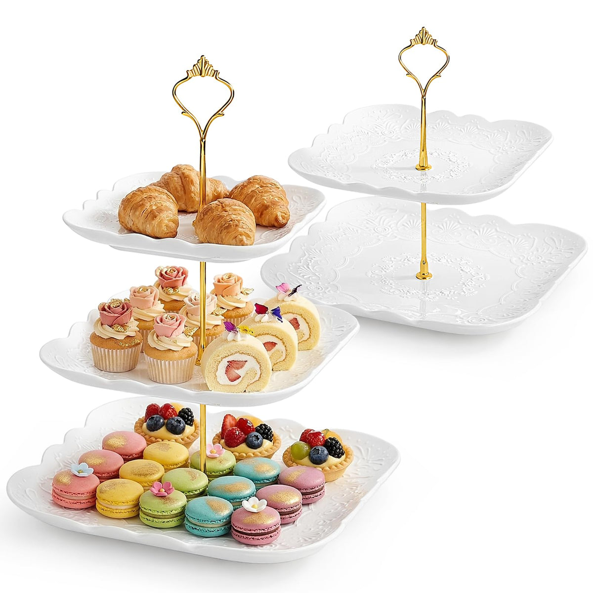 SOUJOY Ceramic Cupcake Stand Set of 2, White Embossed Cupcake Display Holders with Gold Rod, 3 Tier and 2 Tier Square Porcelain Dessert Stands for Birthday Tea Party Wedding Baby Shower