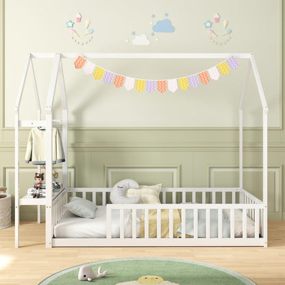 Giantex Twin House Floor Bed, Solid Wood Montessori Bed with Detachable Storage Shelf, Clothes Hanger & Guardrails, Twin Beds for Kids Teens, Girls & Boys