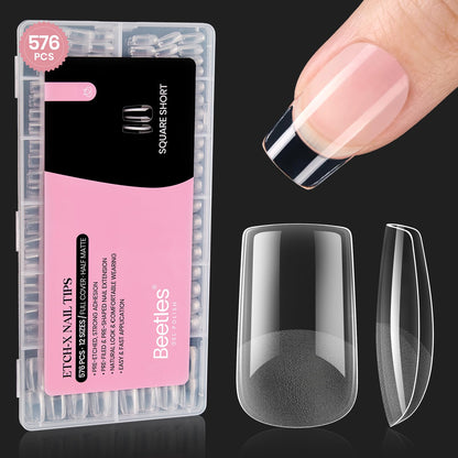 Beetles Gel Nail Kit Short Almond with Nail Dehydrator and Primer, 576Pcs Half Matte Etch-X Gel Nail Tips Solid Nail Glue Mini Nail Lamp Acrylic Nail Tips Easy DIY Nail Extension Set Gift for Women