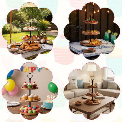 3 Tier Cupcake Stand, Round Wooden Cupcake Display Stand with Metal Handle, Wood Tiered Serving Tray Cupcakes Tower, Rustic Dessert Table Display Holder, for Wedding Tea Party Decor