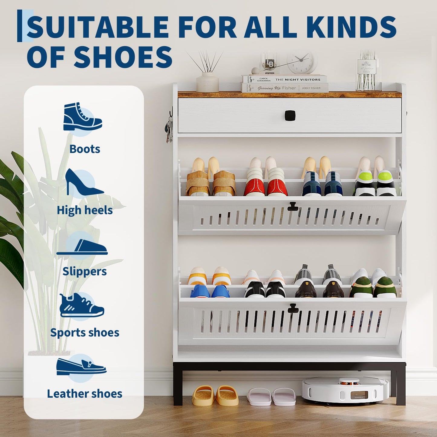 Garvee Shoe Cabinet with 4 Flip Drawers, Freestanding Shoe Organizer with Adjustable Shelves & Sturdy Legs, Narrow Wooden Shoe Rack for Entryway, Hallway, Living Room, White