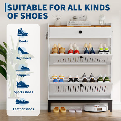 Garvee Shoe Cabinet with 4 Flip Drawers, Freestanding Shoe Organizer with Adjustable Shelves & Sturdy Legs, Narrow Wooden Shoe Rack for Entryway, Hallway, Living Room, White