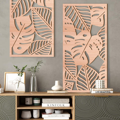 IARTTOP Large Wood Tropical Wall Art 15.9X32 Inch Carved Palm Leaves Wall Decor Coastal Leaf Monstera Plant Wall Sculptures for Living room Bedroom Set of 3