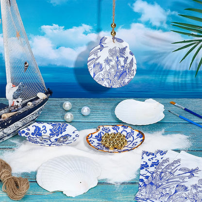 PH PandaHall 12 Set Scallop Shells Decoupage Kit, White Natural Large Shells with 24pcs Decoupage Paper 10m Cord 2pcs Paint Brush 30pcs Gold Bead Seashell Painting Kit for DIY Crafts Tray Decor Making