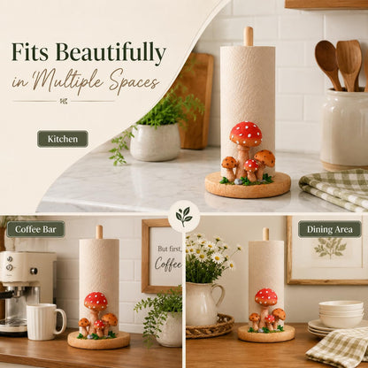 Mushroom Paper Towel Holder, Hand-Carved Resin & Wood Tissue Holder with Large Non-Slip Base, Decorative Kitchen Countertop Paper Towel Stand for Bathroom, Living Room, Farmhouse Decor