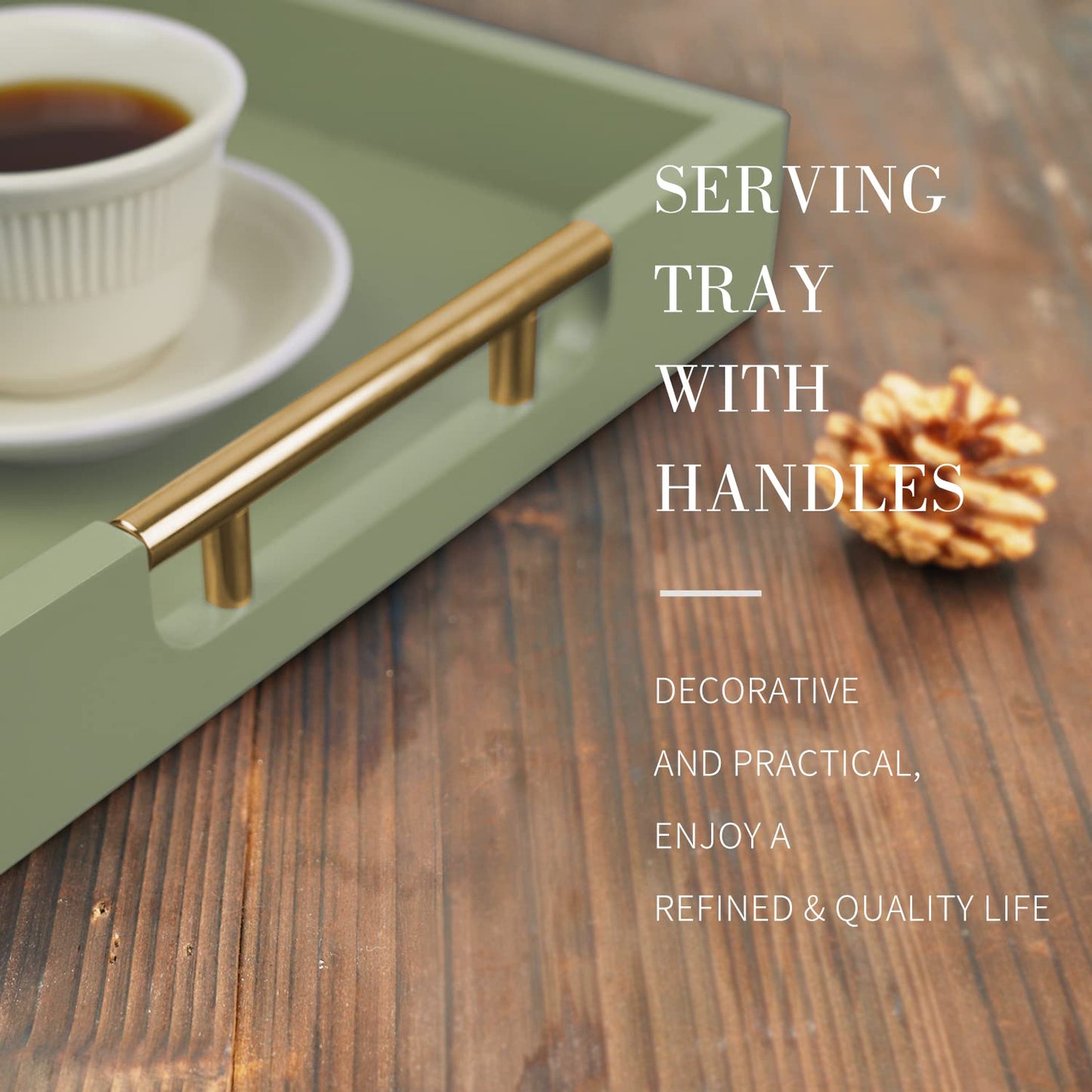 NELONY Wooden Decorative Coffee Table Tray, 16" Serving With Handles, Matte Finish, Ottoman for Living Room, Perfume, Vanity Dresser Organizer (Olive Green)
