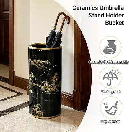Ceramic Umbrella Stand Umbrella Holder for Entryway Hand-Made Umbrella Stand Barrels Umbrella Holder Cane Floor Standing Vase Ceramic Storage Bucket for Home Office Entrance Indoor.(Green217)