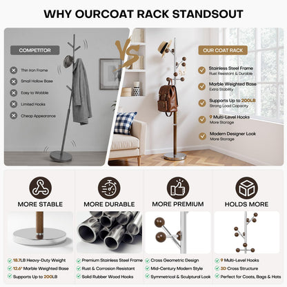 WOOW DEPOT Coat Rack Freestanding, Metal Coat Tree with 9 Rubber Wood Hooks, Heavy Duty Coat Hanger Stand with Marble and Stainless Steel Base, Standing Hall Tree for Clothes, Hats, Bags, Jacket