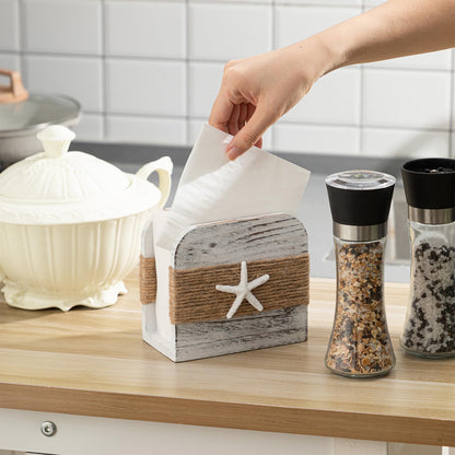 Fiwochic Natural Wooden Napkin Holder, Farmhouse Napkin Holders Upright Wooden Tissue Dispenser for Kitchen Dining Room Table Decor Indoor & Outdoor Use (Beach Style,White)