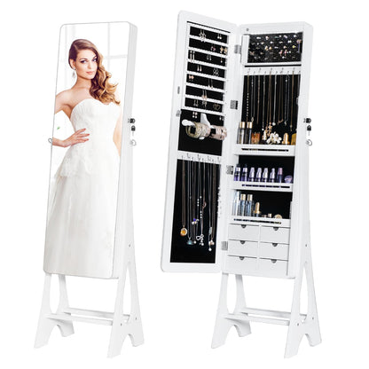 MASMIRE Mirror Jewelry Cabinet Standing, Full Length Mirror Jewelry Armoire Jewelry Organizer Lockable Jewelry Storage for Women Girl Full-Length Frameless LED Lights 6 Drawers Lockable White