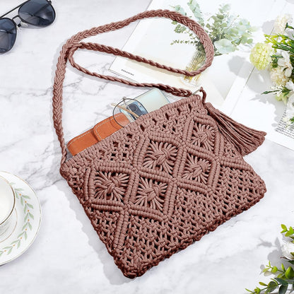 WEBEEDY DIY Macrame Bag Kit Boho Macrame Shoulder Bag Making Kit with 3mm x 142 Yards Cotton Cord and Video Tutorial,Macrame Purse Kits for Beginners Summer Beach Christmas Decor Gift,10.4x8(Brown)