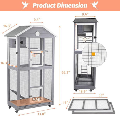 Gowoodhut Outdoor Bird Cage Large, Wooden Flight Aviary with Perches, Nest Habitat, and Easy-Clean Pull Out Tray for Parakeets, Macaws, and More