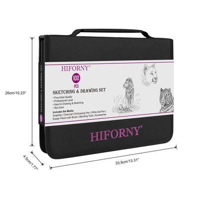 HIFORNY 100 PCS Drawing Set Sketching Kit,Sketch Pencils Art Supplies with Graphite,Charcoal,Blending Tools & Accessories,Portable Zippered Travel Case for Artists & Beginners