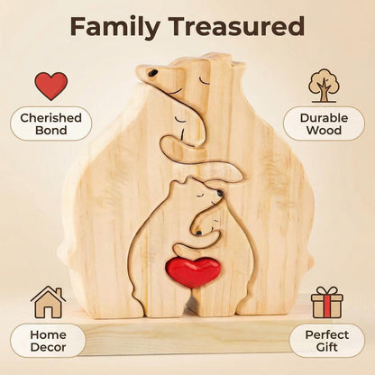 Personalized Wooden Bears Family Puzzle with Heart Decorations, Blank Bear Sculptures with Base for Home Decor, Housewarming Birthday Gift for Parents (4 Bears)