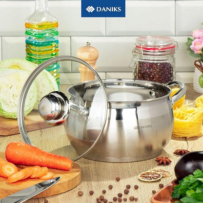 Daniks Classic 3 Quart Stainless Steel Stock Pot with Glass Lid, Tri-Ply Bottom for Even Heating, Induction Compatible, Dishwasher Safe