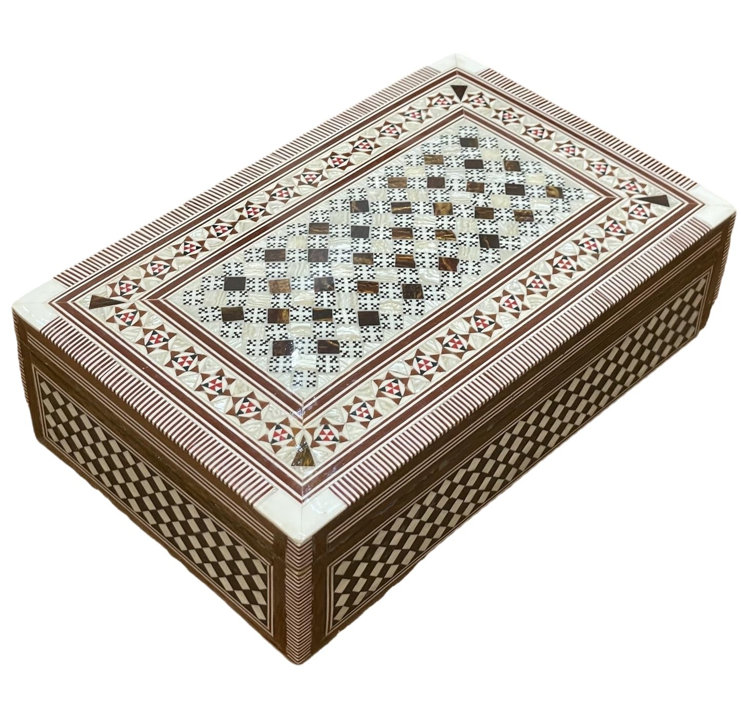 FAMA.store Handmade Egyptian Jewelry Box – Mother of Pearl Inlay – Decorative Wooden Trinket Box for Women Oriental Keepsake Storage Organizer (8 X 5 x 2.2 inch M13)