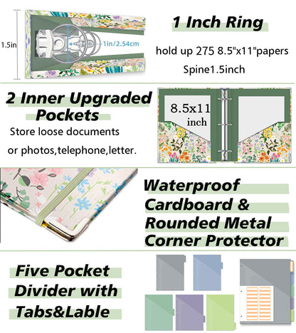 3 Ring 1 Inch Binder Organizer, KLLVE Three Ring Binders with Clipboard, 5-Tabs Pockets Dividers, Plastic Folder, 18 Divider Stikers,Pen Loop (Wildflower, Letter Size)