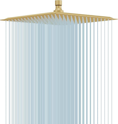 BESy 12 Inch Rain Shower Head, 12" Square Rainfall & High Pressure Stainless Steel Bath Showerhead, 1/16" Ultra Thin, Waterfall Full Body Coverage with Silicone Nozzle, Brushed Gold