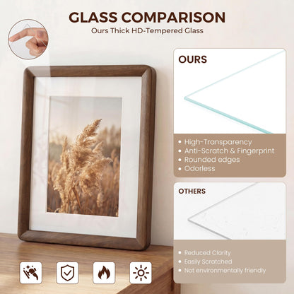 12x16 Picture Frame, USA-Sourced Walnut Wood Photo Frame with HD Tempered Glass, Handcrafted Rustic Farmhouse Wooden Frame for Wall & Tabletop Display, Matted to 8.5x11