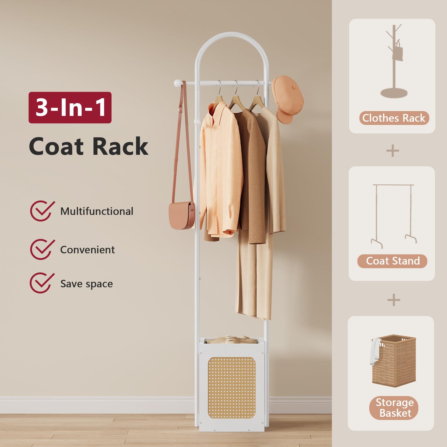 Tajsoon Coat Rack Freestanding, Coat Stand with Wooden Storage Basket, Coat Tree with 6 Hooks, Rattan Coat Hanger Stand for Living Room, Bedroom, Office, White