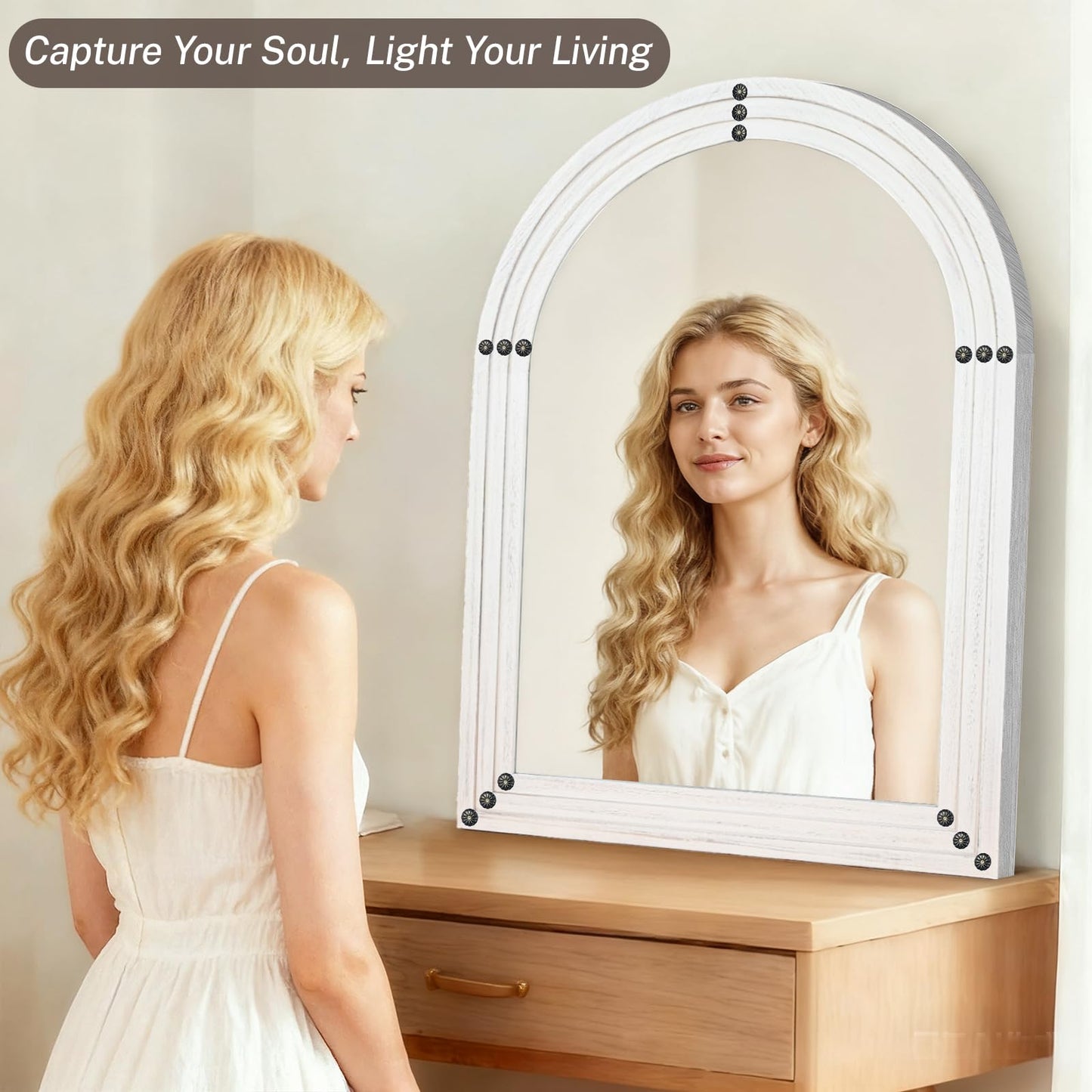 LXWZHK 40"x30" Arched Wooden Frame Wall Mirror, Rustic Vanity Wall Mirror for Bathroom, Bedroom, Rustic White