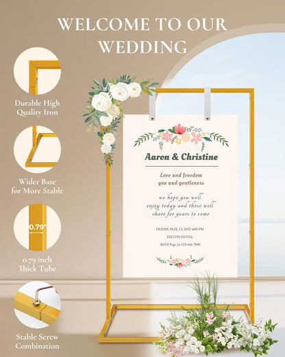 Wedding Sign Holder - Adjustable Welcome to Our Wedding Sign Stand Stand with 39 Premium Templates & Leather Straps, 64"x 30"x 20" Heavy Duty Easel Stand for Sign Display Poster, Wedding, Birthday