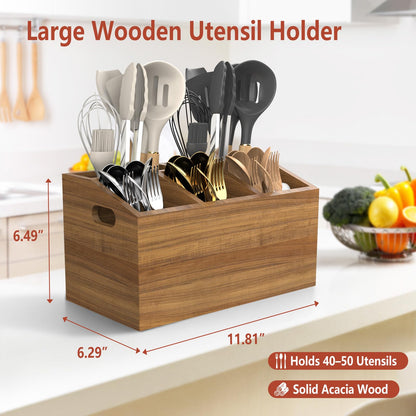 COAZEX Wooden Kitchen Utensil Holder for Countertop or Wall, Extra Large Acacia Wood Utensil Holder Organizer with 5 Compartments, Rustic Utensil Caddy for Cooking Tools & Silverware