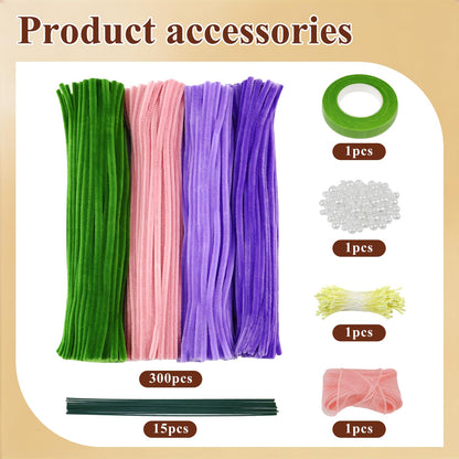 CHRORINE 320 Pcs Pipe Cleaners Bulk Pipe Cleaner Flower Kit Craft Supplies Soft and Flexible Creative Suitable for Art DIY Packaging and Decoration- Purple, Light Purple, Pink, Dark Green