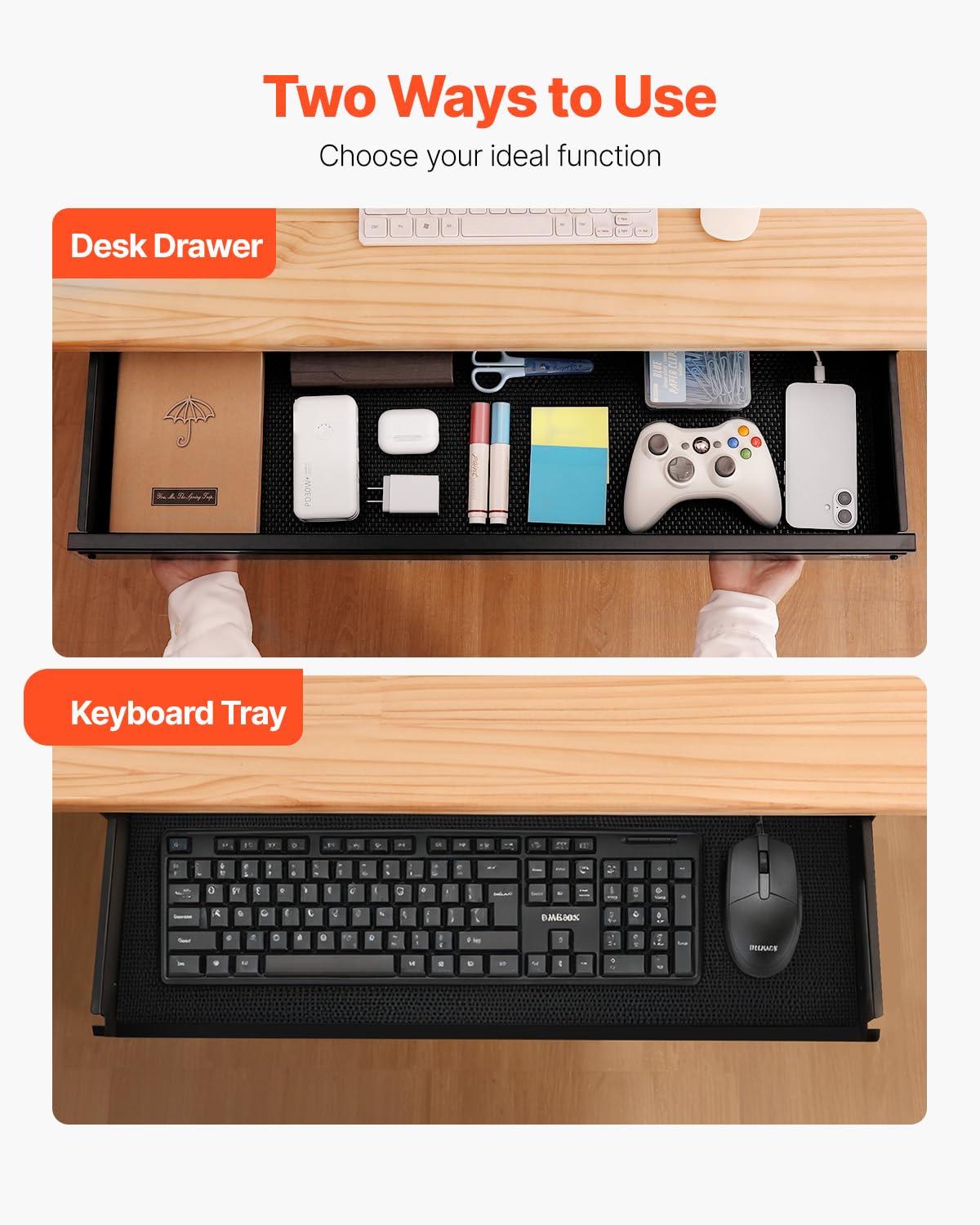 VEVOR Under Desk Drawer Slide Out, 33inch Under Desk Mounted Pull-out Drawer Attachment, Hidden Under Counter Drawers for office Home Sit Stand Workstation, Black