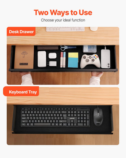 VEVOR Under Desk Drawer Slide Out, 33inch Under Desk Mounted Pull-out Drawer Attachment, Hidden Under Counter Drawers for office Home Sit Stand Workstation, Black
